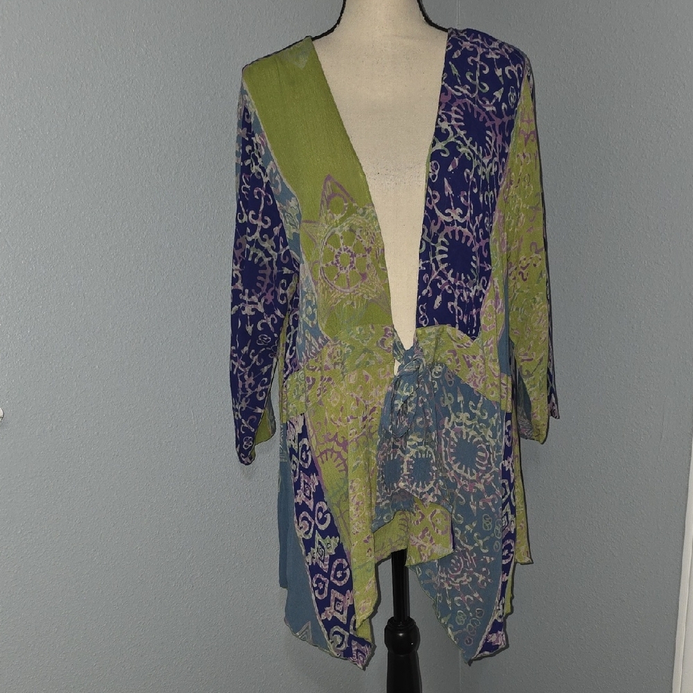 Soft Surroundings Patchwork Tie-Front Cardigan in Green, Blue, Purple